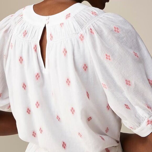 J Crew Blouse Womens Large White Dot Smock Neck Short Puff Sleeve Cotton Top - Picture 3 of 5